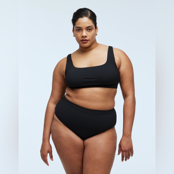 NWT Madewell Plus Ribbed High-Rise Bikini Bottom and Square Neck Bikini Black 2X